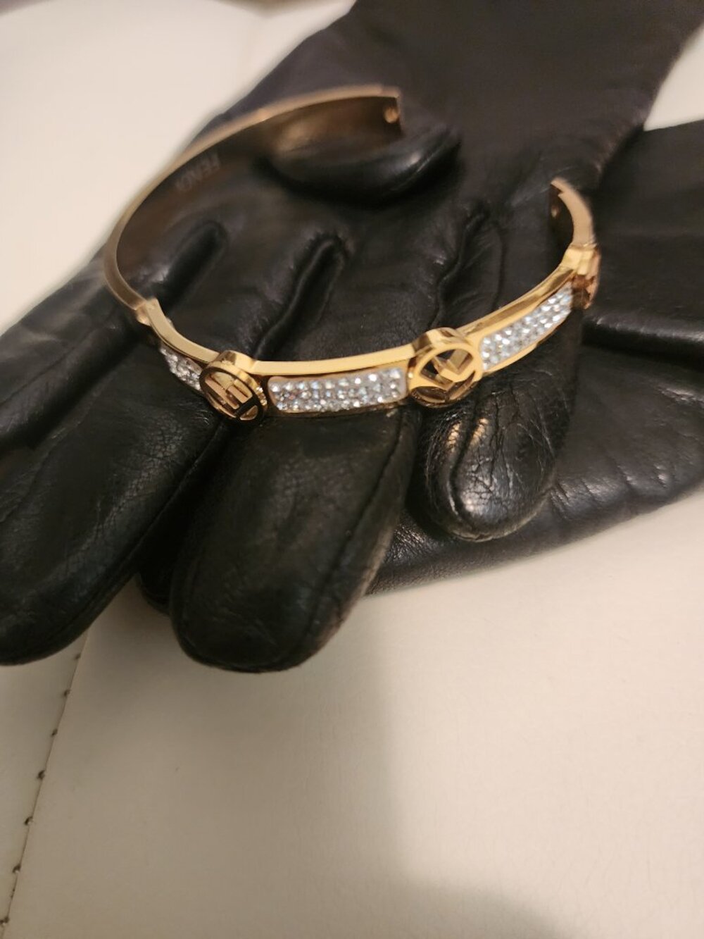 Gold & Rhinestone Cuff Bracelet with "F" Initial - Picture 3 of 4
